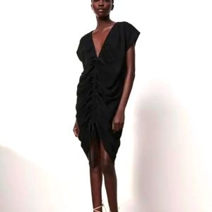 ZARA Ruched Black Dress Draped V-neck adjustable length Size L 100% Cotton EUC